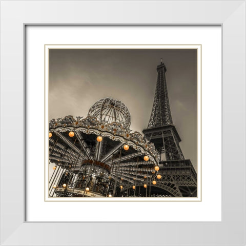 Carousel with the Eiffel tower in the background White Modern Wood Framed Art Print with Double Matting by Frank, Assaf
