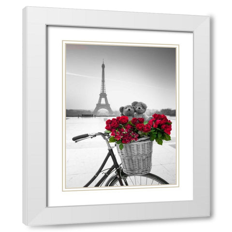 Teddy Bears and bunch of red roses on bicycle with Eiffel tower in the background White Modern Wood Framed Art Print with Double Matting by Frank, Assaf
