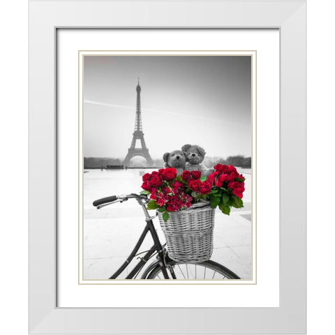 Teddy Bears and bunch of red roses on bicycle with Eiffel tower in the background White Modern Wood Framed Art Print with Double Matting by Frank, Assaf