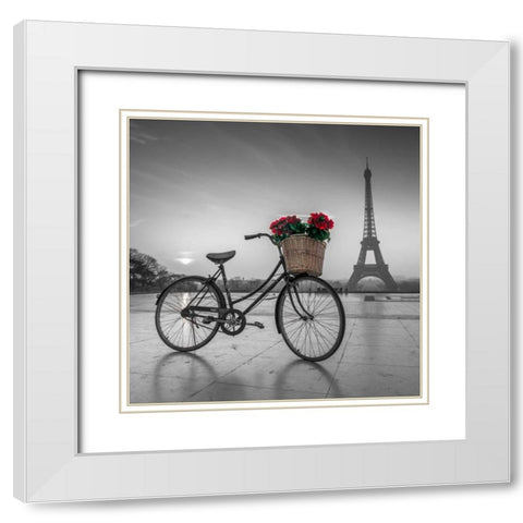 A bicycle with a basket of flowers with the Eiffel tower in the background White Modern Wood Framed Art Print with Double Matting by Frank, Assaf