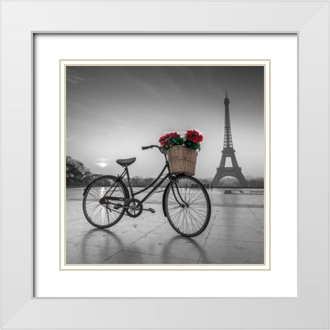 A bicycle with a basket of flowers with the Eiffel tower in the background White Modern Wood Framed Art Print with Double Matting by Frank, Assaf