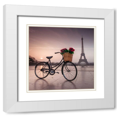 A bicycle with a basket of flowers with the Eiffel tower in the background White Modern Wood Framed Art Print with Double Matting by Frank, Assaf