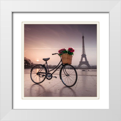 A bicycle with a basket of flowers with the Eiffel tower in the background White Modern Wood Framed Art Print with Double Matting by Frank, Assaf