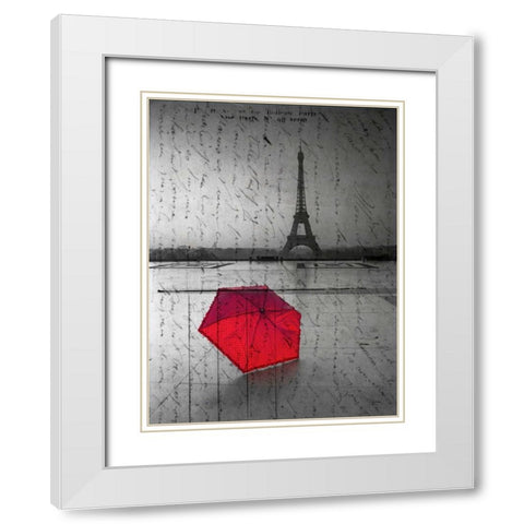 Red umbrella in front of the Eiffel tower with handwritting overlay White Modern Wood Framed Art Print with Double Matting by Frank, Assaf
