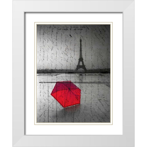 Red umbrella in front of the Eiffel tower with handwritting overlay White Modern Wood Framed Art Print with Double Matting by Frank, Assaf