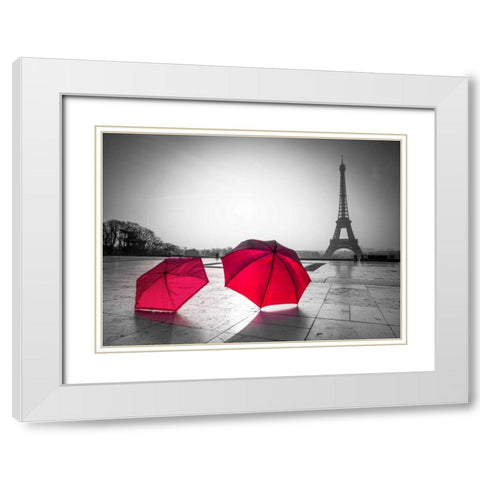 Two Umbrellas in front of the Eiffel tower, Paris, France White Modern Wood Framed Art Print with Double Matting by Frank, Assaf