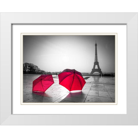 Two Umbrellas in front of the Eiffel tower, Paris, France White Modern Wood Framed Art Print with Double Matting by Frank, Assaf