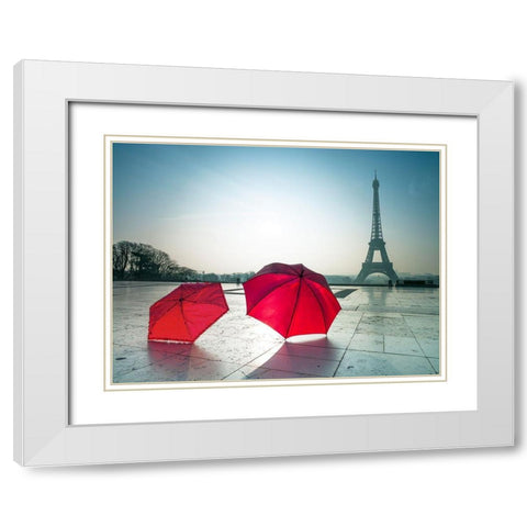 Umbrellas and Eiffel tower White Modern Wood Framed Art Print with Double Matting by Frank, Assaf