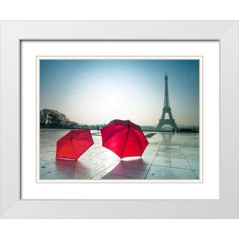 Umbrellas and Eiffel tower White Modern Wood Framed Art Print with Double Matting by Frank, Assaf