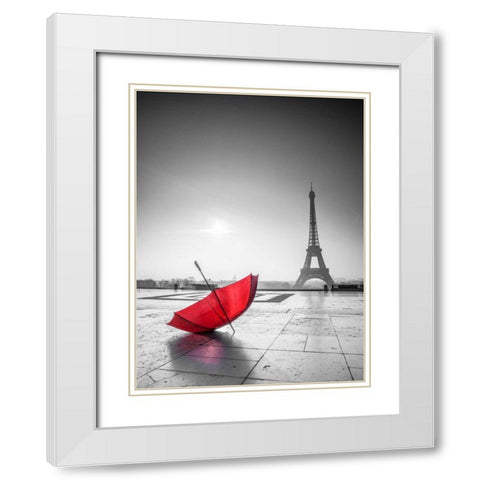 Umbrella in front of the Eiffel tower, Paris, France White Modern Wood Framed Art Print with Double Matting by Frank, Assaf