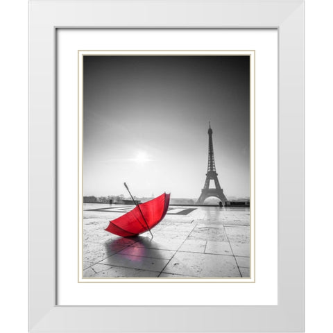 Umbrella in front of the Eiffel tower, Paris, France White Modern Wood Framed Art Print with Double Matting by Frank, Assaf