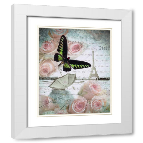 Eiffel tower with butterfly and roses overlay White Modern Wood Framed Art Print with Double Matting by Frank, Assaf