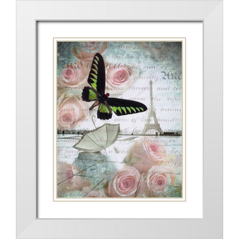 Eiffel tower with butterfly and roses overlay White Modern Wood Framed Art Print with Double Matting by Frank, Assaf