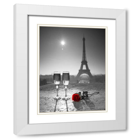 Champagne glasses with red rose next to the Eiffel tower White Modern Wood Framed Art Print with Double Matting by Frank, Assaf