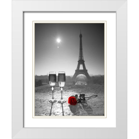 Champagne glasses with red rose next to the Eiffel tower White Modern Wood Framed Art Print with Double Matting by Frank, Assaf