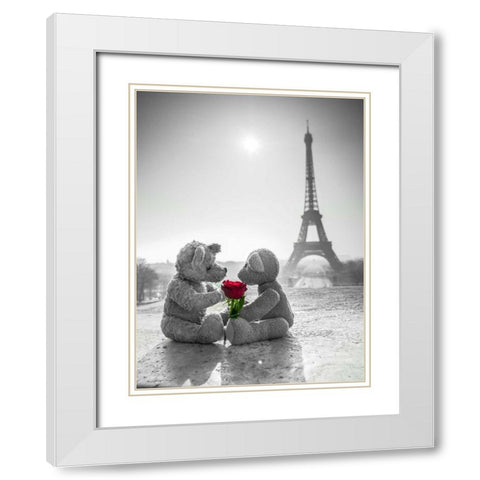 Two Teddy bears with a rose next to the Eiffel tower White Modern Wood Framed Art Print with Double Matting by Frank, Assaf