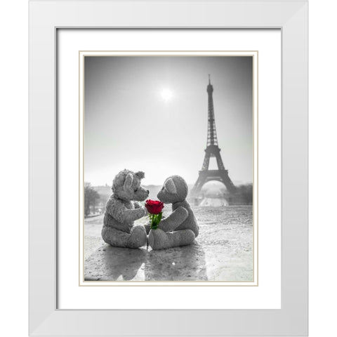 Two Teddy bears with a rose next to the Eiffel tower White Modern Wood Framed Art Print with Double Matting by Frank, Assaf