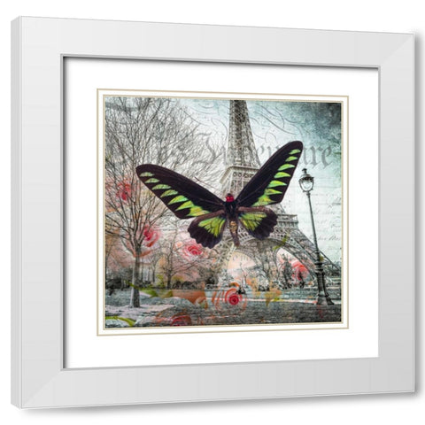 Eiffel tower with butterfly and roses overlay White Modern Wood Framed Art Print with Double Matting by Frank, Assaf