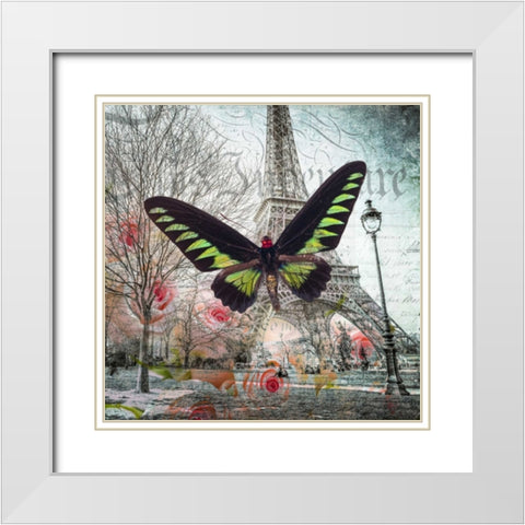 Eiffel tower with butterfly and roses overlay White Modern Wood Framed Art Print with Double Matting by Frank, Assaf