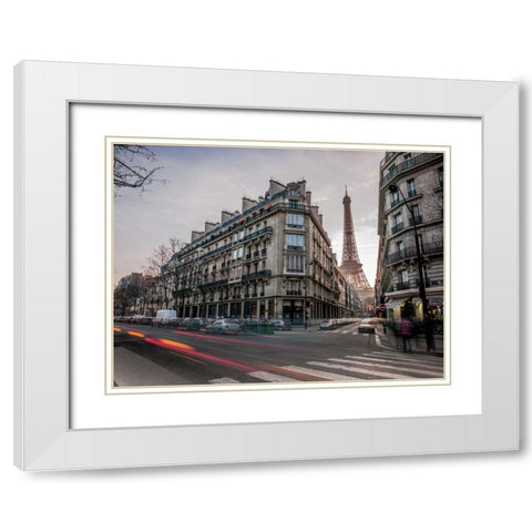 Eiffel tower from city street, Paris, France White Modern Wood Framed Art Print with Double Matting by Frank, Assaf