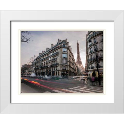 Eiffel tower from city street, Paris, France White Modern Wood Framed Art Print with Double Matting by Frank, Assaf