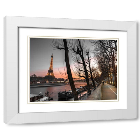 Row of trees, the river Seine and the Eiffel tower at dusk White Modern Wood Framed Art Print with Double Matting by Frank, Assaf