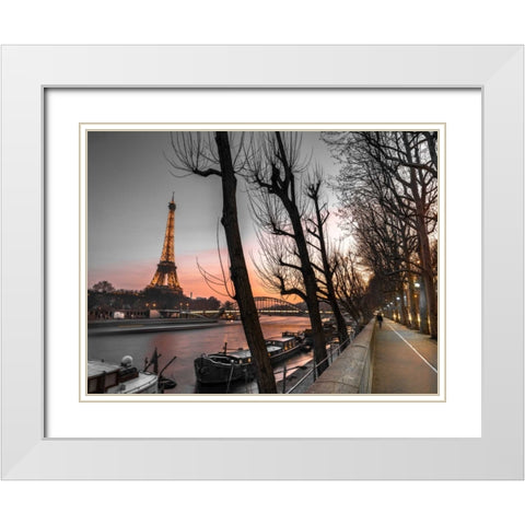Row of trees, the river Seine and the Eiffel tower at dusk White Modern Wood Framed Art Print with Double Matting by Frank, Assaf