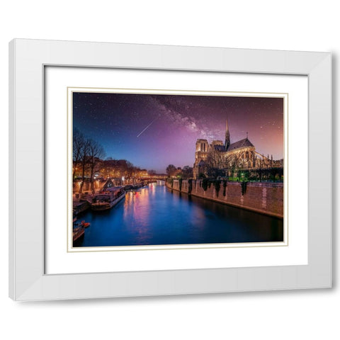 Notre-Dame de Paris at night, France White Modern Wood Framed Art Print with Double Matting by Frank, Assaf