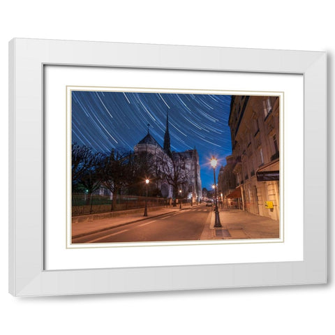 Star Trails above Notre-Dame de Paris White Modern Wood Framed Art Print with Double Matting by Frank, Assaf