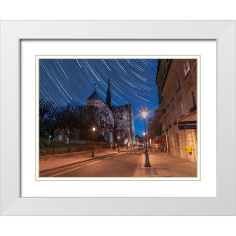 Star Trails above Notre-Dame de Paris White Modern Wood Framed Art Print with Double Matting by Frank, Assaf