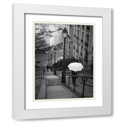 Woman with white umbrella standing on staircase in Montmartre, Paris, France White Modern Wood Framed Art Print with Double Matting by Frank, Assaf