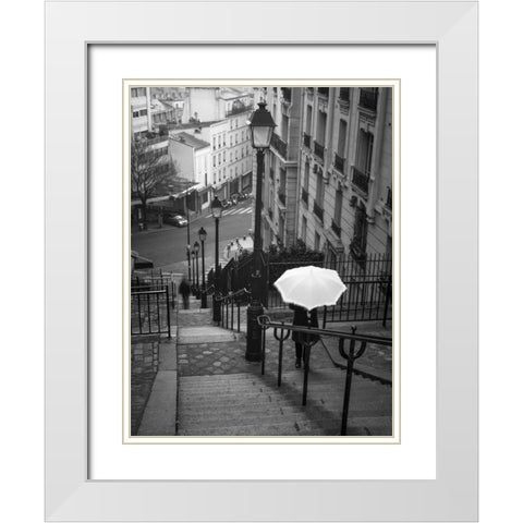 Woman with white umbrella standing on staircase in Montmartre, Paris, France White Modern Wood Framed Art Print with Double Matting by Frank, Assaf