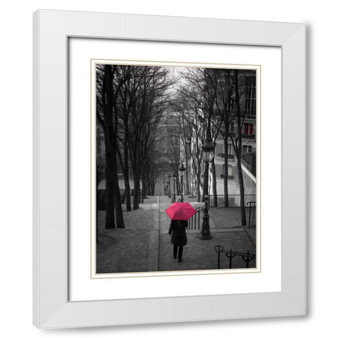 Woman with red umbrella standing on staircase in Montmartre, Paris, France White Modern Wood Framed Art Print with Double Matting by Frank, Assaf