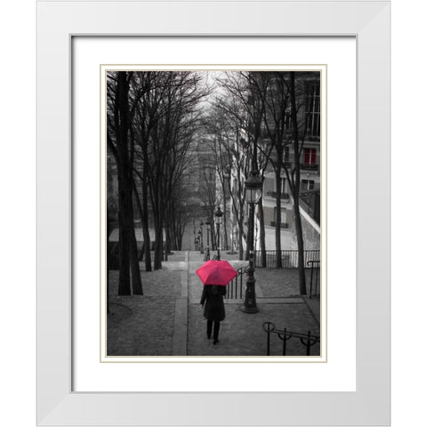 Woman with red umbrella standing on staircase in Montmartre, Paris, France White Modern Wood Framed Art Print with Double Matting by Frank, Assaf