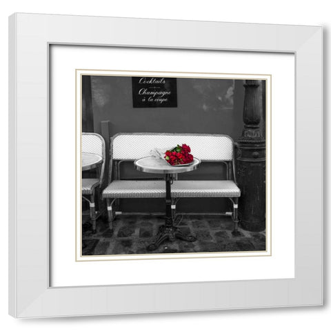 Bunch of flowers on sidewalk cafe table, Paris, France White Modern Wood Framed Art Print with Double Matting by Frank, Assaf