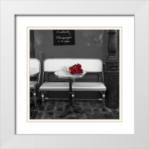 Bunch of flowers on sidewalk cafe table, Paris, France White Modern Wood Framed Art Print with Double Matting by Frank, Assaf