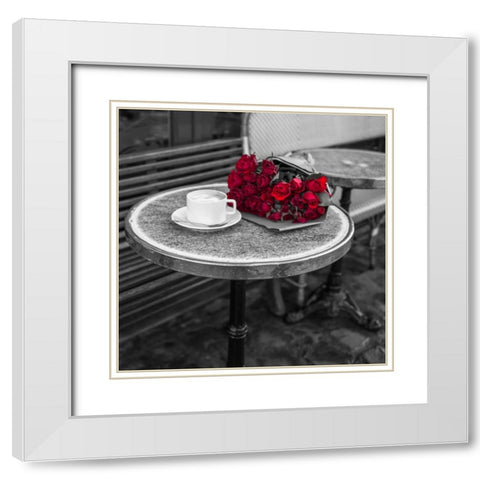 Bunch of flowers on sidewalk cafe table, Paris, France White Modern Wood Framed Art Print with Double Matting by Frank, Assaf