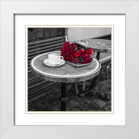 Bunch of flowers on sidewalk cafe table, Paris, France White Modern Wood Framed Art Print with Double Matting by Frank, Assaf
