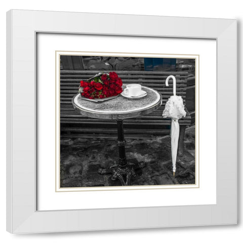 Bunch of flowers on sidewalk cafe table, Paris, France White Modern Wood Framed Art Print with Double Matting by Frank, Assaf