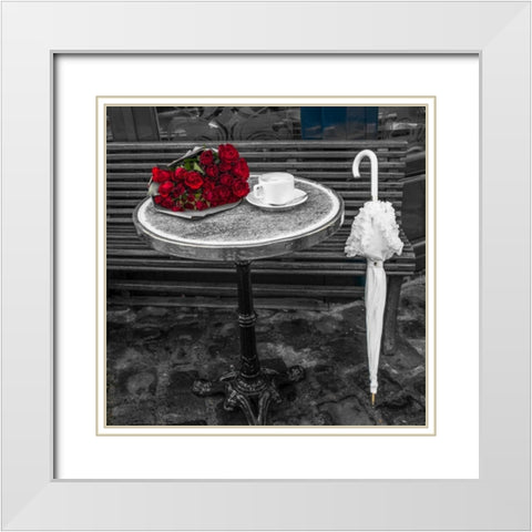 Bunch of flowers on sidewalk cafe table, Paris, France White Modern Wood Framed Art Print with Double Matting by Frank, Assaf