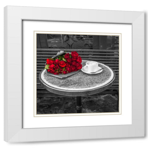 Bunch of flowers on sidewalk cafe table, Paris, France White Modern Wood Framed Art Print with Double Matting by Frank, Assaf