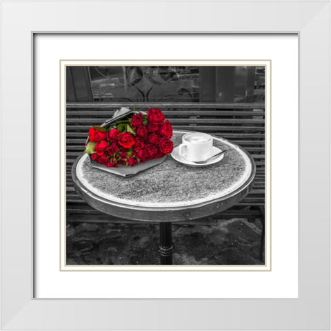 Bunch of flowers on sidewalk cafe table, Paris, France White Modern Wood Framed Art Print with Double Matting by Frank, Assaf