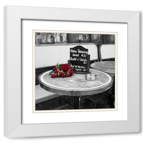 Bunch of flowers on sidewalk cafe table, Paris, France White Modern Wood Framed Art Print with Double Matting by Frank, Assaf