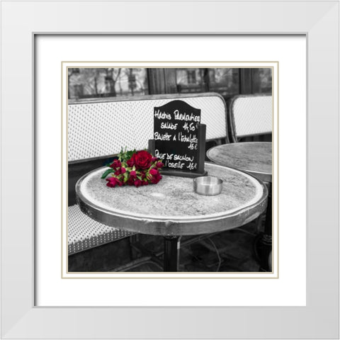 Bunch of flowers on sidewalk cafe table, Paris, France White Modern Wood Framed Art Print with Double Matting by Frank, Assaf