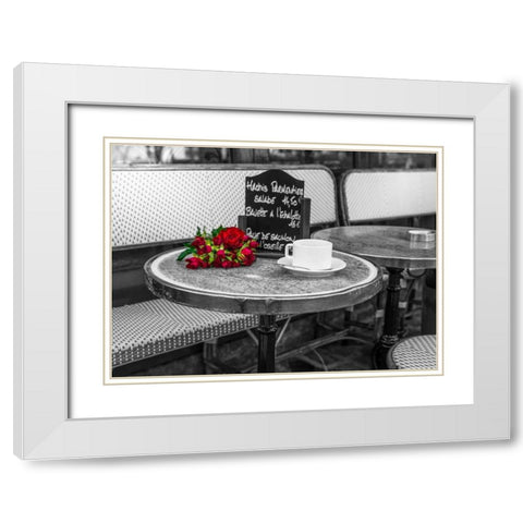Bunch of flowers on sidewalk cafe table, Paris, France White Modern Wood Framed Art Print with Double Matting by Frank, Assaf