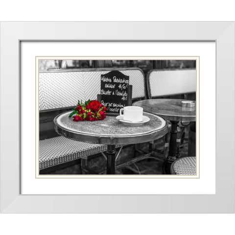 Bunch of flowers on sidewalk cafe table, Paris, France White Modern Wood Framed Art Print with Double Matting by Frank, Assaf