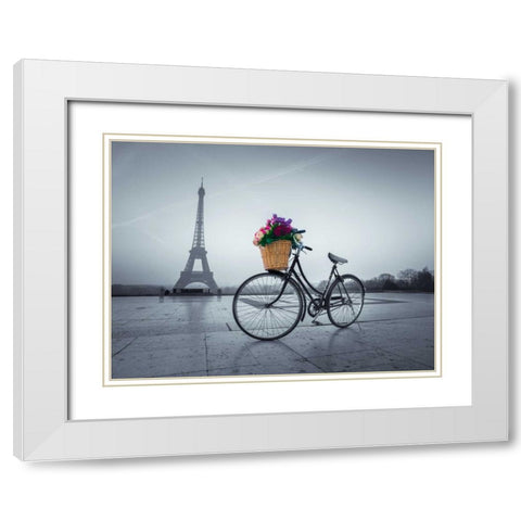 Bicycle with a basket of flowers next to the Eiffel tower, Paris, France White Modern Wood Framed Art Print with Double Matting by Frank, Assaf