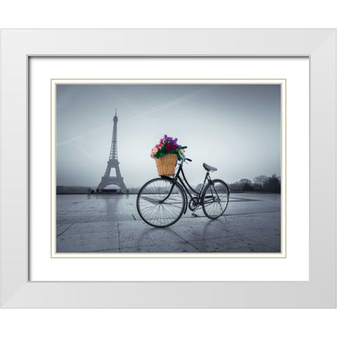 Bicycle with a basket of flowers next to the Eiffel tower, Paris, France White Modern Wood Framed Art Print with Double Matting by Frank, Assaf