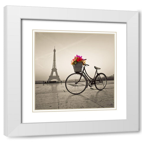 Bicycle with a basket of flowers next to the Eiffel tower White Modern Wood Framed Art Print with Double Matting by Frank, Assaf