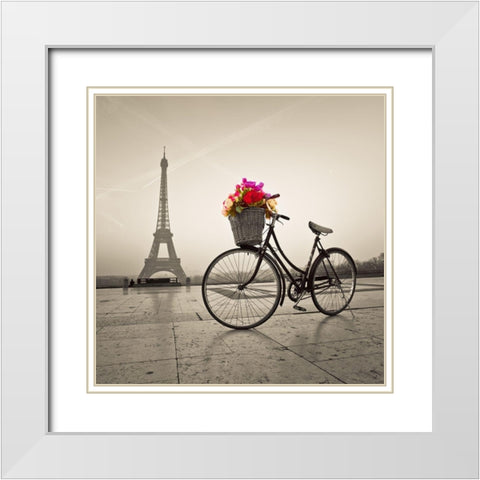 Bicycle with a basket of flowers next to the Eiffel tower White Modern Wood Framed Art Print with Double Matting by Frank, Assaf